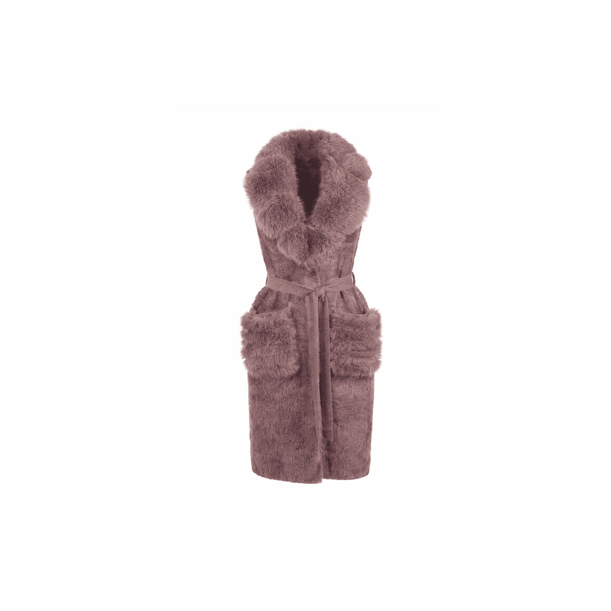 Dusty mauve sleeveless faux fur overcoat with soft fur collar, waist belt, and two functional front pockets.