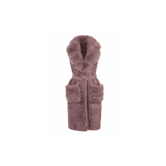Dusty mauve sleeveless faux fur overcoat with soft fur collar, waist belt, and two functional front pockets.