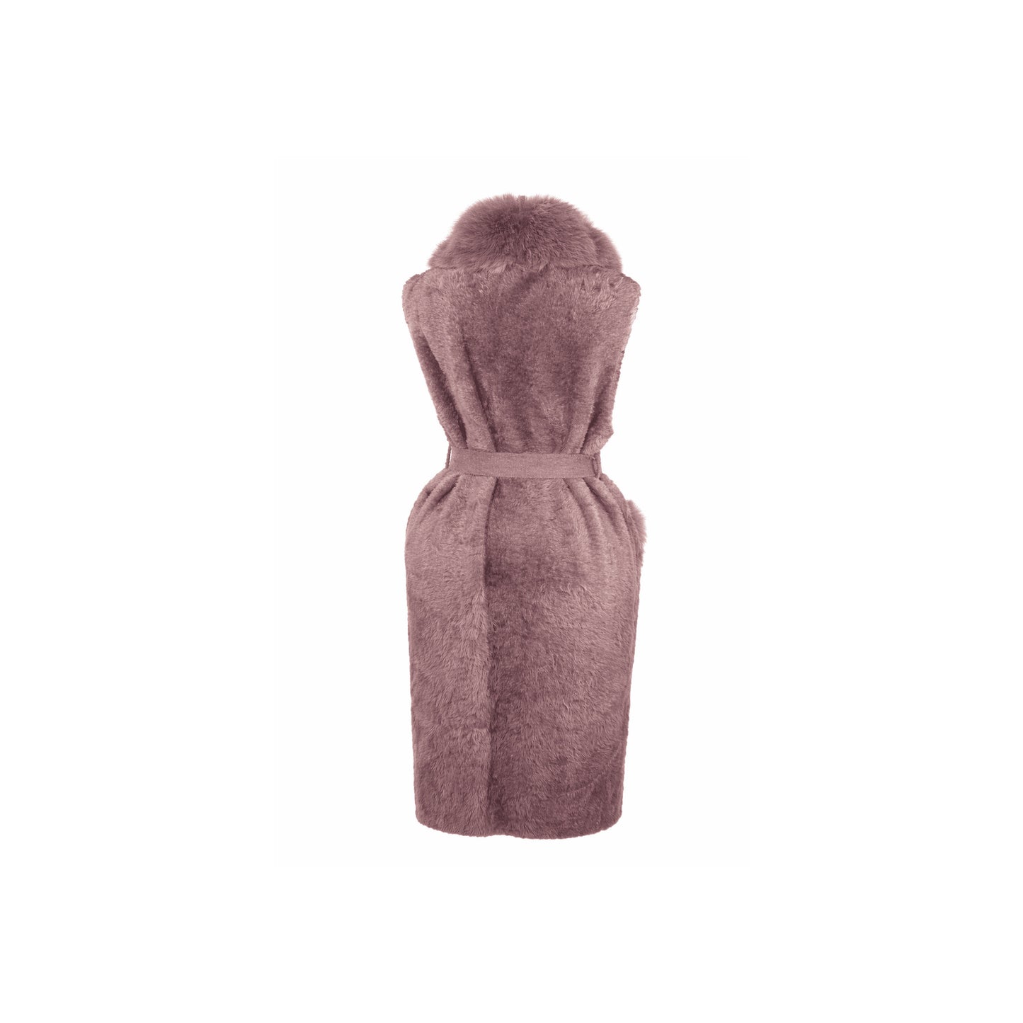 Back view of dusty mauve sleeveless faux fur overcoat with waist belt and soft fur texture.