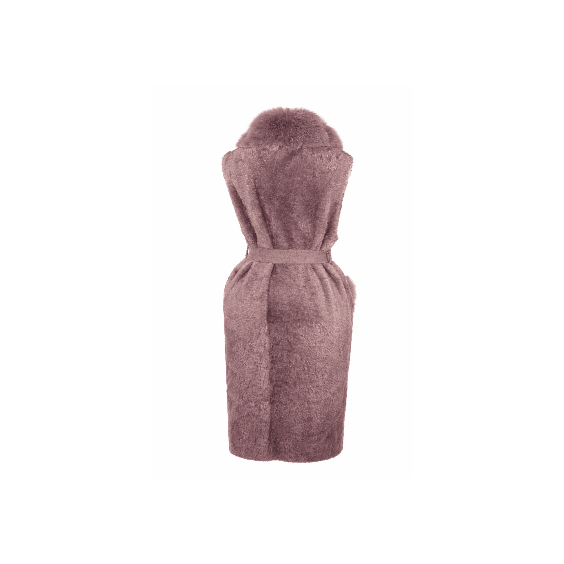 Back view of dusty mauve sleeveless faux fur overcoat with waist belt and soft fur texture.