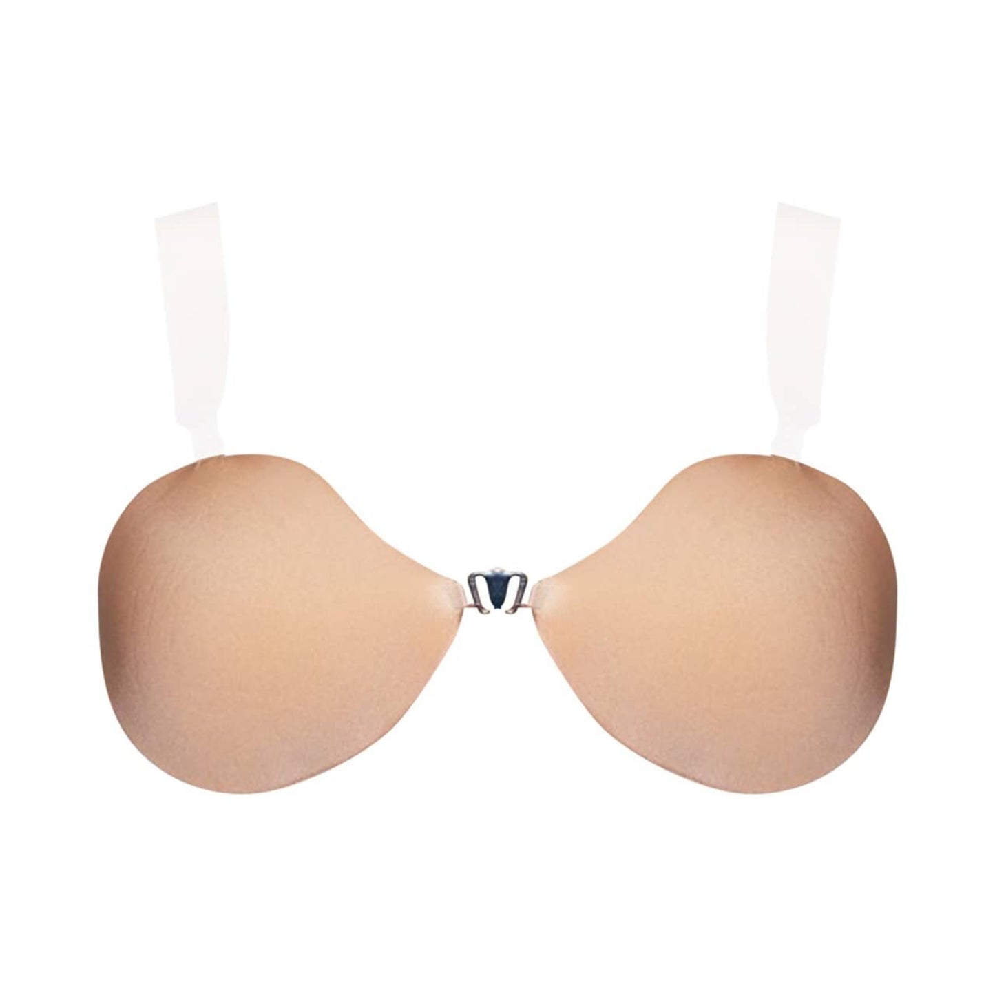 Front view of nude no-show bra with detachable clear straps, front cleavage hook, designed for open back looks.