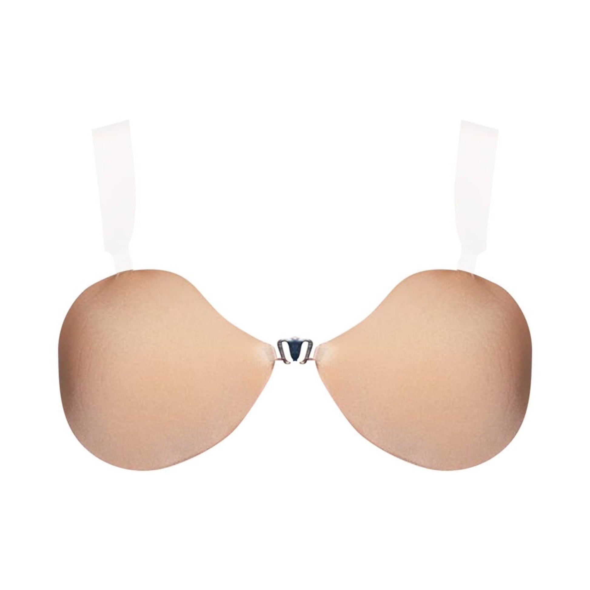 Front view of nude no-show bra with detachable clear straps, front cleavage hook, designed for open back looks.