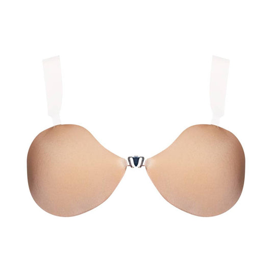 Front view of nude no-show bra with detachable clear straps, front cleavage hook, designed for open back looks.