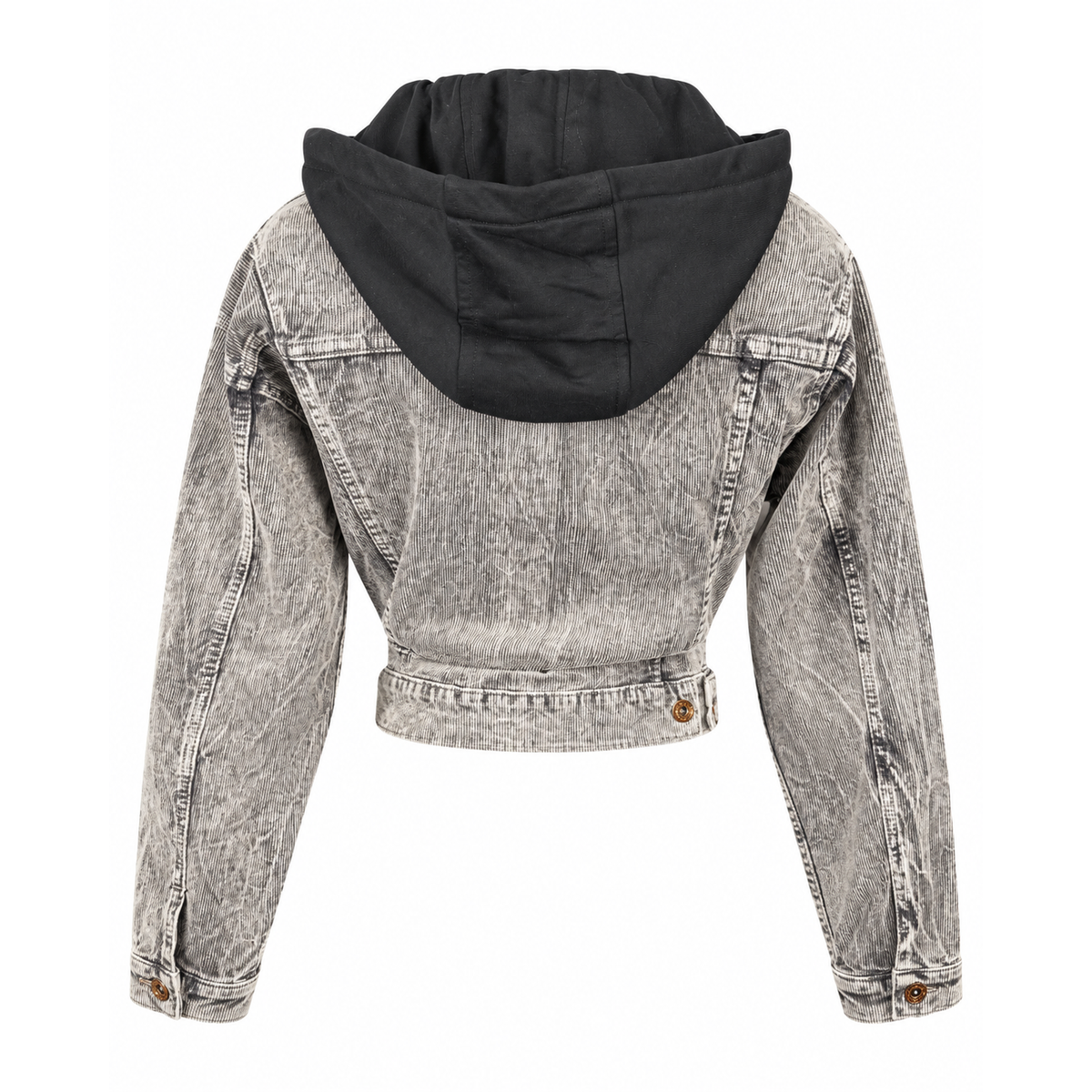Back view of vintage acid wash hooded denim jacket featuring a charcoal gray washed finish, contrasting and black hood.