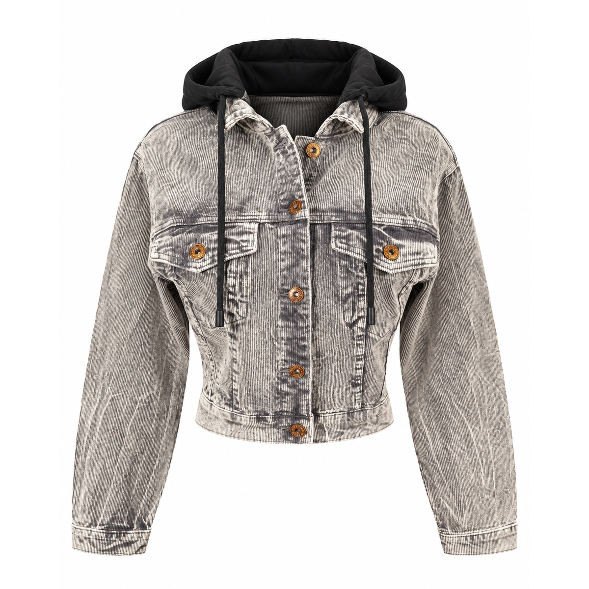 Vintage acid wash hooded denim jacket in charcoal gray with contrasting black hood, button-front closure, and chest pockets.