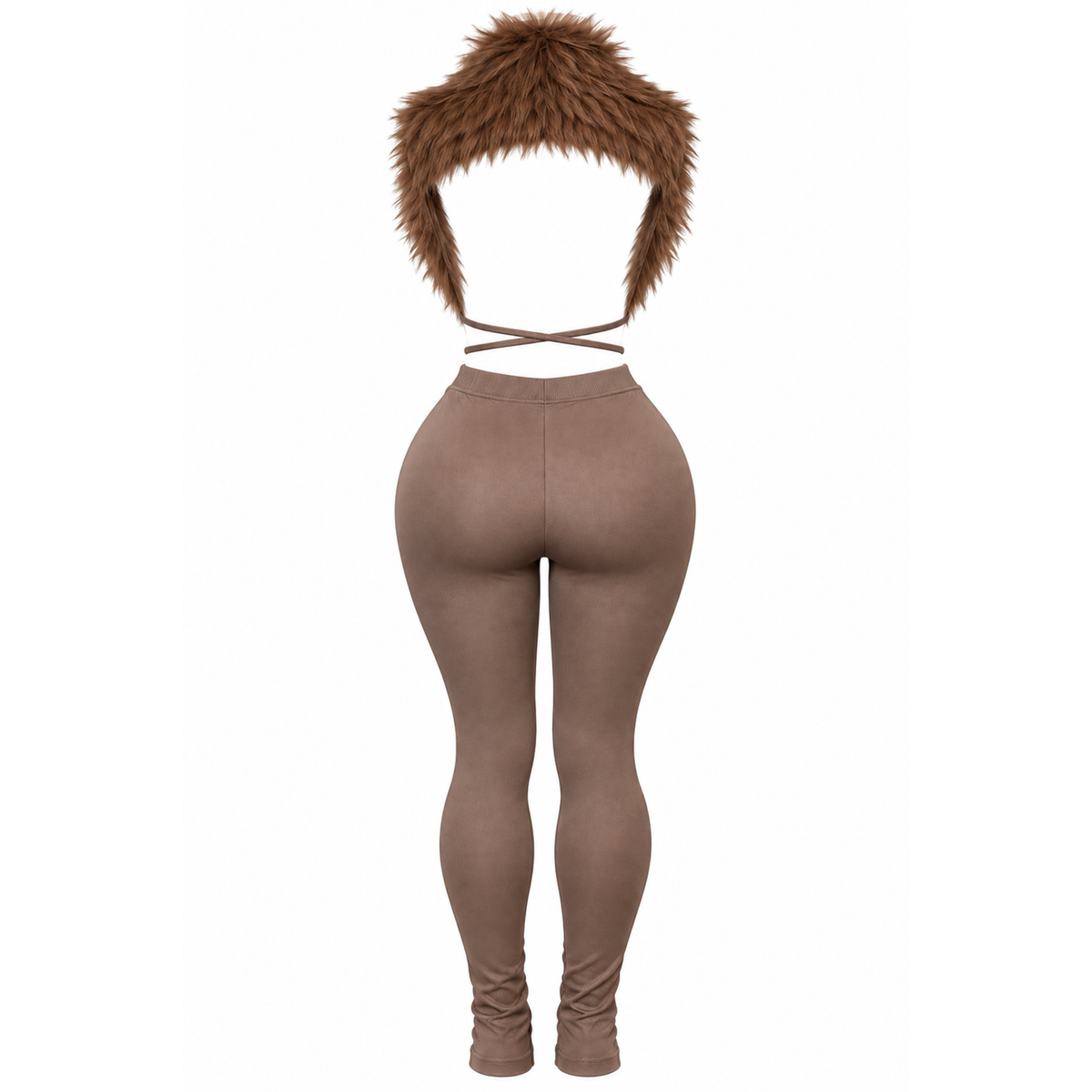 Women’s mocha brown plush faux fur two-piece legging set featuring an open-back faux fur top and high-waisted fitted leggings.