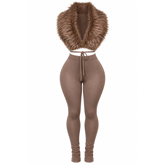 Women’s mocha brown plush faux fur legging set featuring a cropped faux fur top, high-waisted fitted leggings, and wraparound waist ties.
