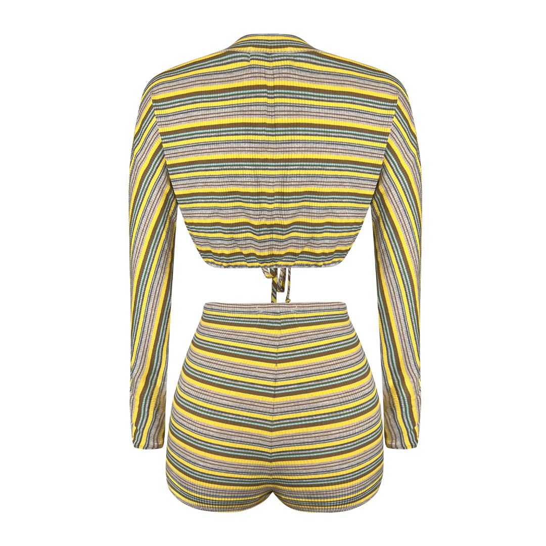 Back view of mustard multi-stripe ribbed two-piece shorts set with long sleeve cropped top and high-waist fitted shorts design