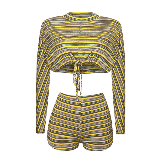 Mustard multi-stripe ribbed two-piece shorts set featuring a long sleeve crop top with front cutout tie detail and high-waist fitted shorts. 
