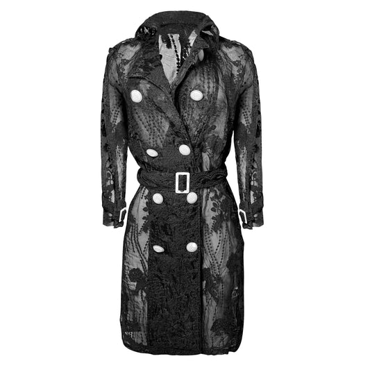 A sophisticated black trench coat made from sheer  floral lace fabric, large buttons, long sleeves and a belted waist. 