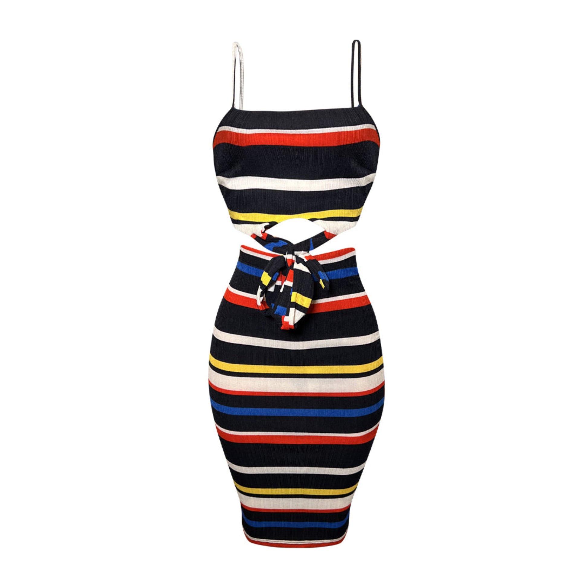 Colorblock spaghetti strap crop top and midi skirt two piece set featuring multicolor stripes and a fitted high waist skirt silhouette.