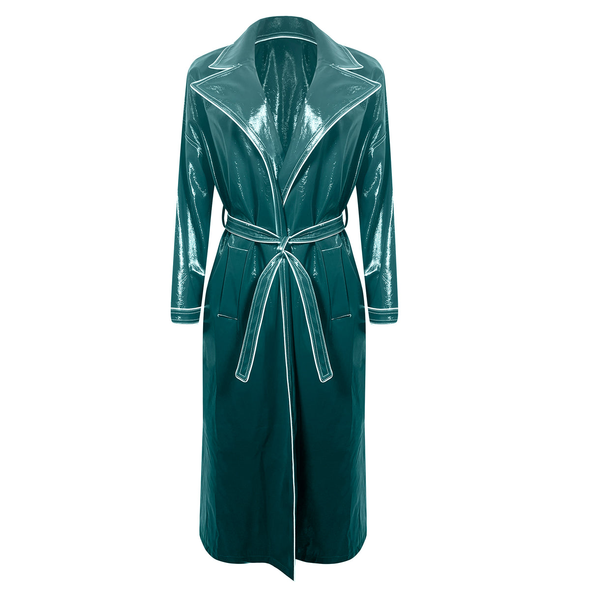 Emerald teal patent leather trench coat with belt, wide lapel, long sleeves, front pockets, and back flap – front view. 