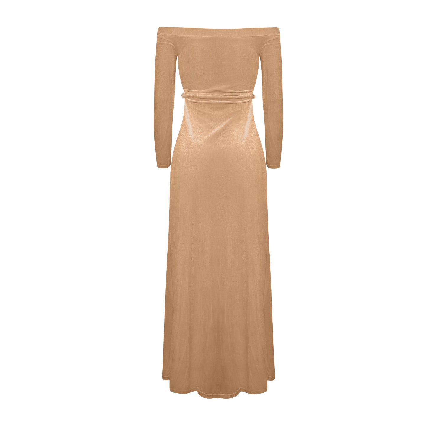 Back view of champagne velvet off-shoulder top with long sleeves, waist belt, and fitted silhouette. Made of 95% polyester and 5% spandex.