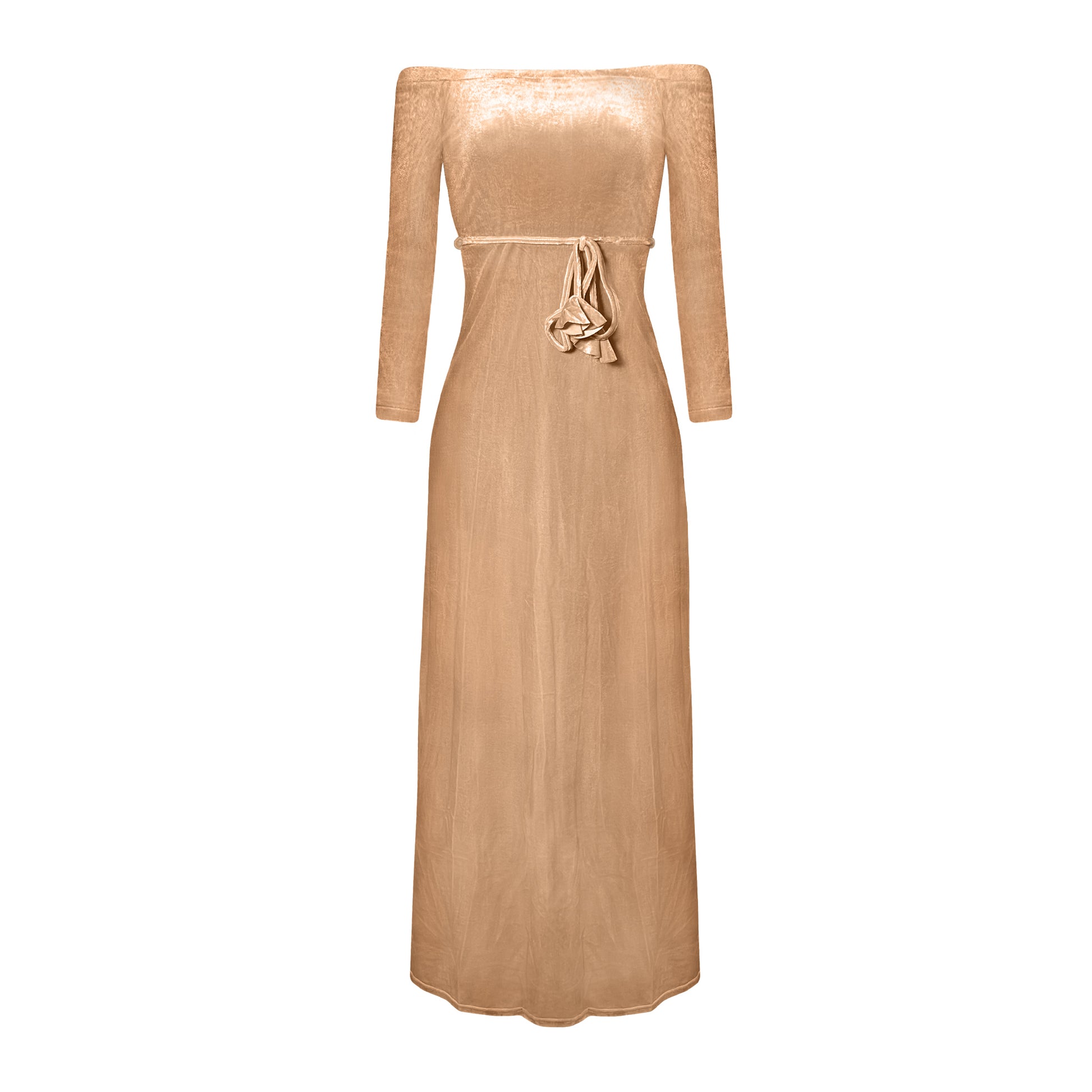 Champagne velvet off-shoulder top with long sleeves, waist belt, and fitted silhouette. Made of 95% polyester and 5% spandex.